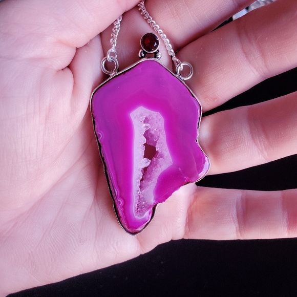 New Pink Agate Druzy & Garnet 925 Silver Necklace. - Picture 3 of 14